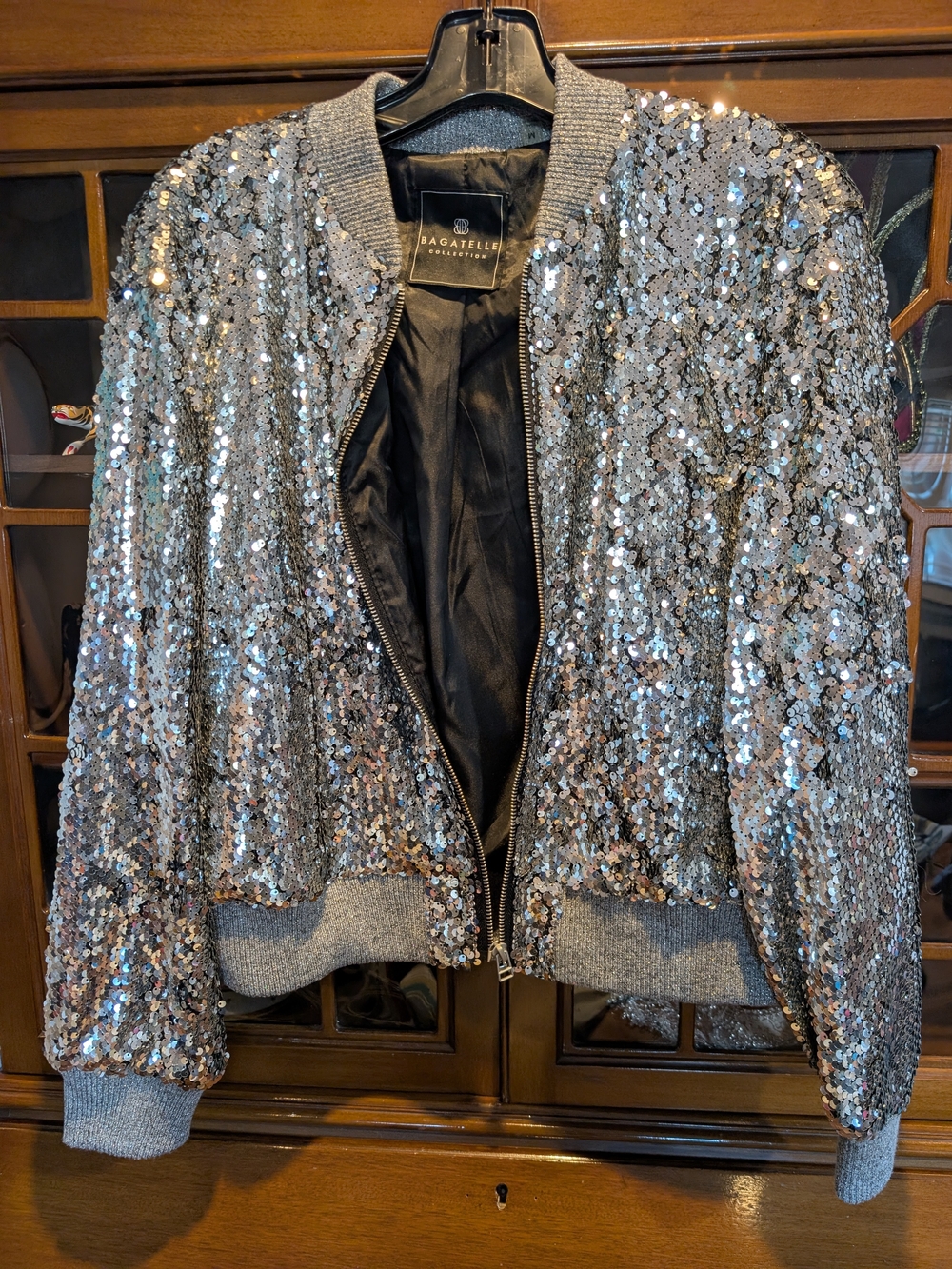 Bagatelle Collection Silver Sequin Bomber Jacket – Size M